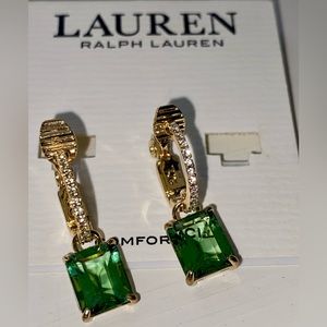 Ralph Lauren Stone Drop Huggie Hoop Earrings - Green/Gold, Comfort Clip